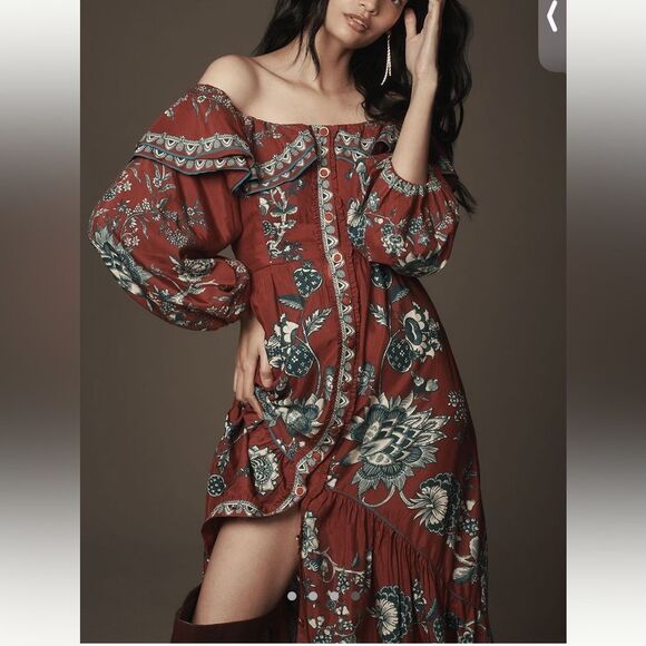 FARM Rio  Long Sleeve Dress Off the Shoulder Ruffle Maxi Dress - Picture 4 of 4